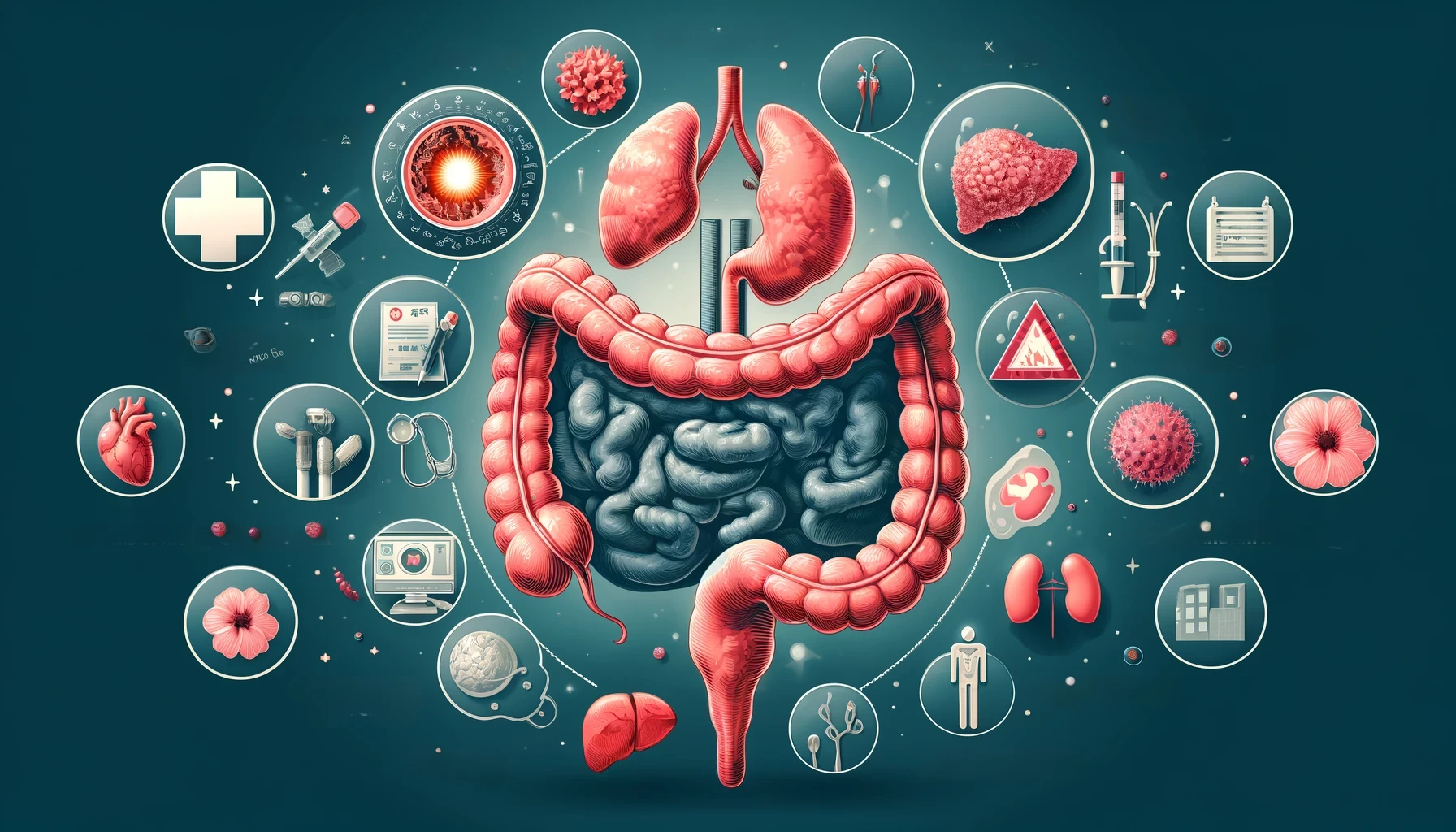 Advanced Stage 4 colon cancer treatments depicted with symbols for surgery, chemotherapy, targeted therapy, and radiation, alongside palliative care elements.