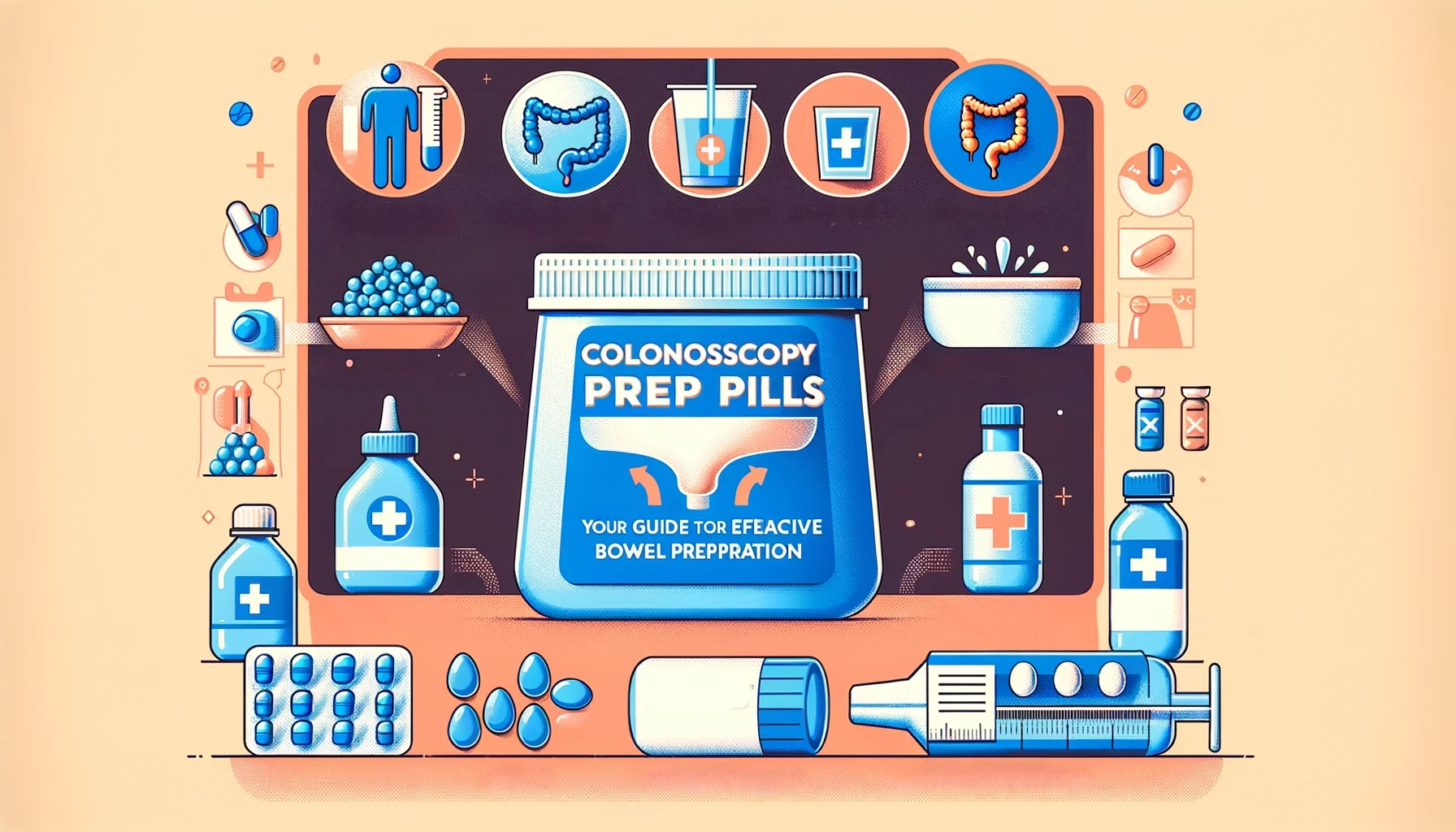 Colonoscopy prep pills vs liquid solutions, showing the ease of pill-based prep with symbols for dietary changes and medication adjustments