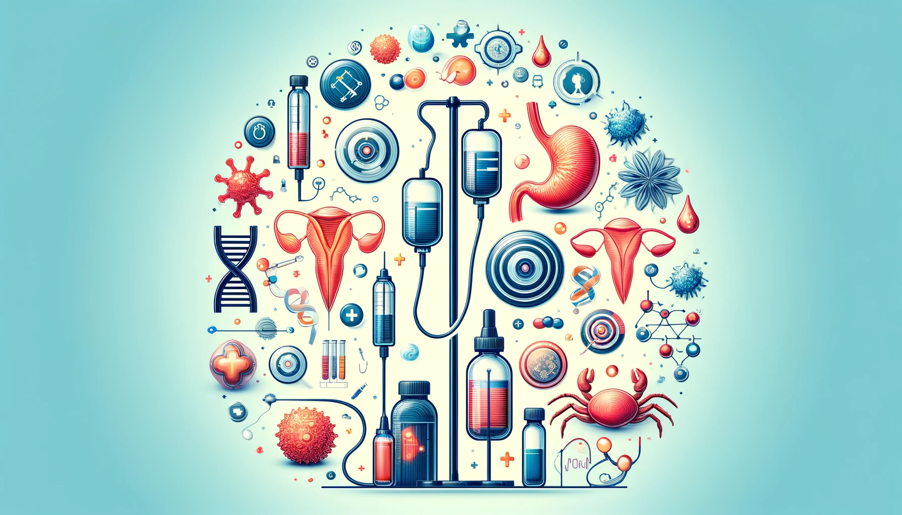 Chemotherapy treatment for colon cancer visualized with IV drip bags, cancer cells, and DNA strands, symbolizing personalized therapy options.