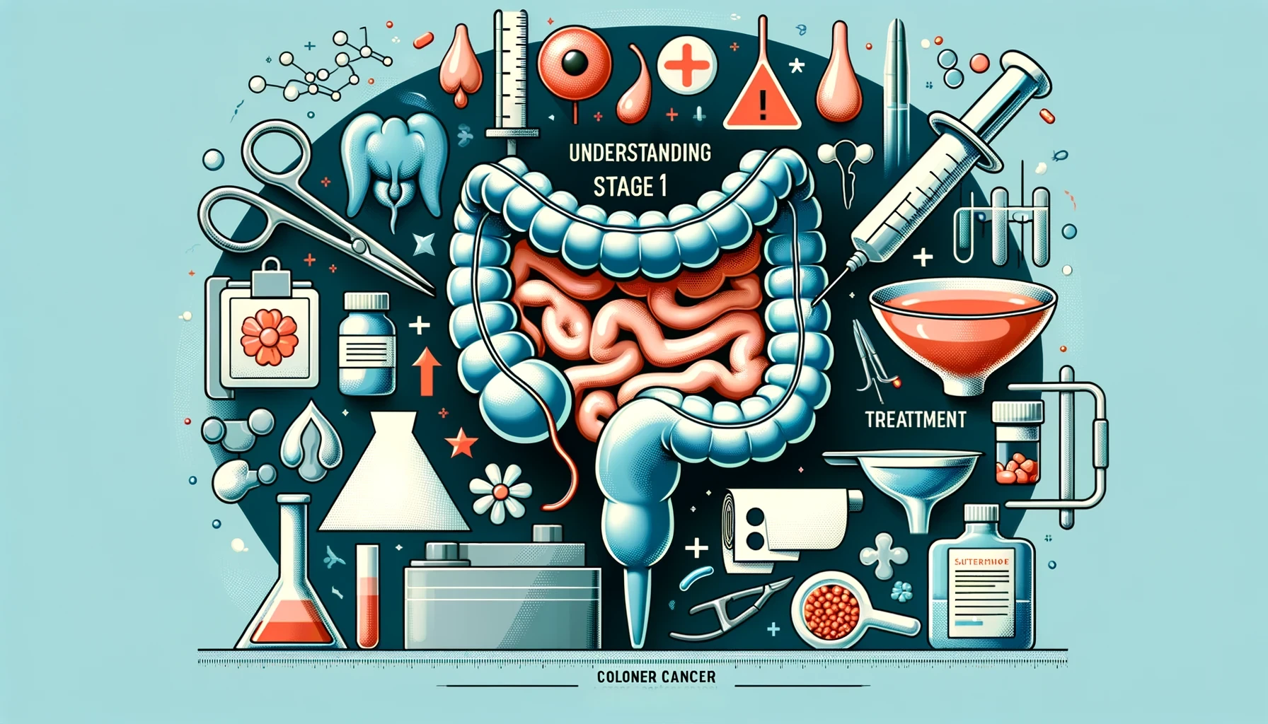 Early detection of Stage 1 Colon Cancer depicted with colonoscopy tools, signs of bowel habit changes, and surgical treatment symbols