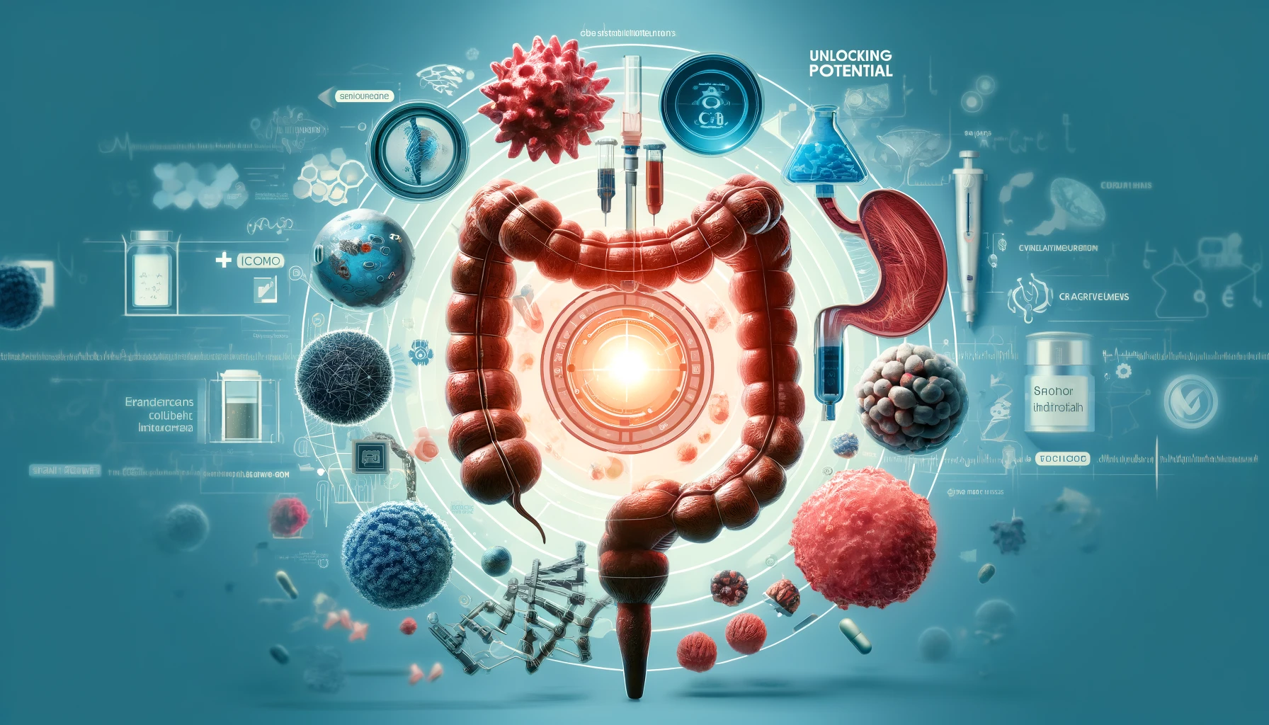 Innovative immunotherapy for colon cancer showing immune cells attacking cancer cells and checkpoint inhibitors.